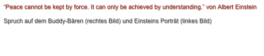 “Peace cannot be kept by force. It can only be achieved by understanding.” von Albert Einstein
Spruch auf dem Buddy-Bären (rechtes Bild) und Einsteins Porträt (linkes Bild)
http://www.united-buddy-bears.com