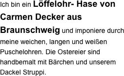 Ich bin ein Löffelohr- Hase von Carmen Decker aus Braunschweig und imponiere durch meine weichen, langen und weißen Puschelohren. Die Ostereier sind handbemalt mit Bärchen und unserem Dackel Struppi.