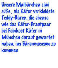 Unsere Maibärchen sind süße , als Käfer verkleidete Teddy-Bären, die ebenso wie das Käfer-Brautpaar bei Feinkost Käfer in München darauf gewartet haben, ins Bärenmuseum zu kommen