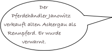 Der Pferdehändler Janowitz verkauft alten Ackergau als Rennpferd. Er wurde verwarnt.