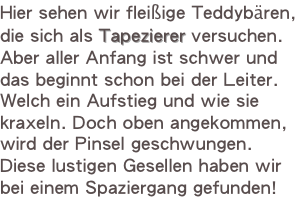 Hier sehen wir fleißige Teddybären, die sich als Tapezierer versuchen. Aber aller Anfang ist schwer und das beginnt schon bei der Leiter. Welch ein Aufstieg und wie sie kraxeln. Doch oben angekommen, wird der Pinsel geschwungen. Diese lustigen Gesellen haben wir bei einem Spaziergang gefunden!